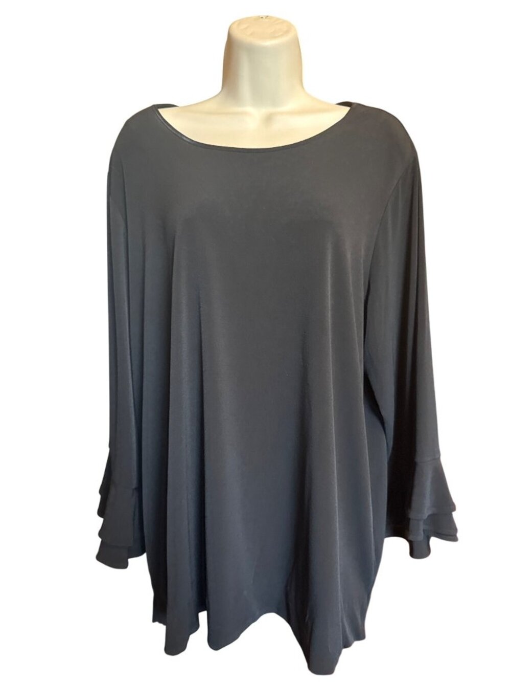 Karl Lagerfeld Paris Black Tunic Blouse 1X Flowy Bell Ruffle Sleeve Keyhole Back